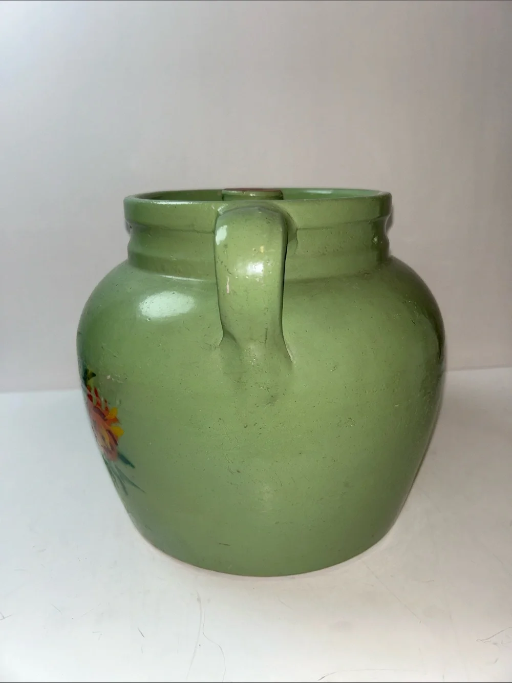 1930’s/40’s Hand Painted Unmarked Ransburg Stoneware Cookie Jar or Crock